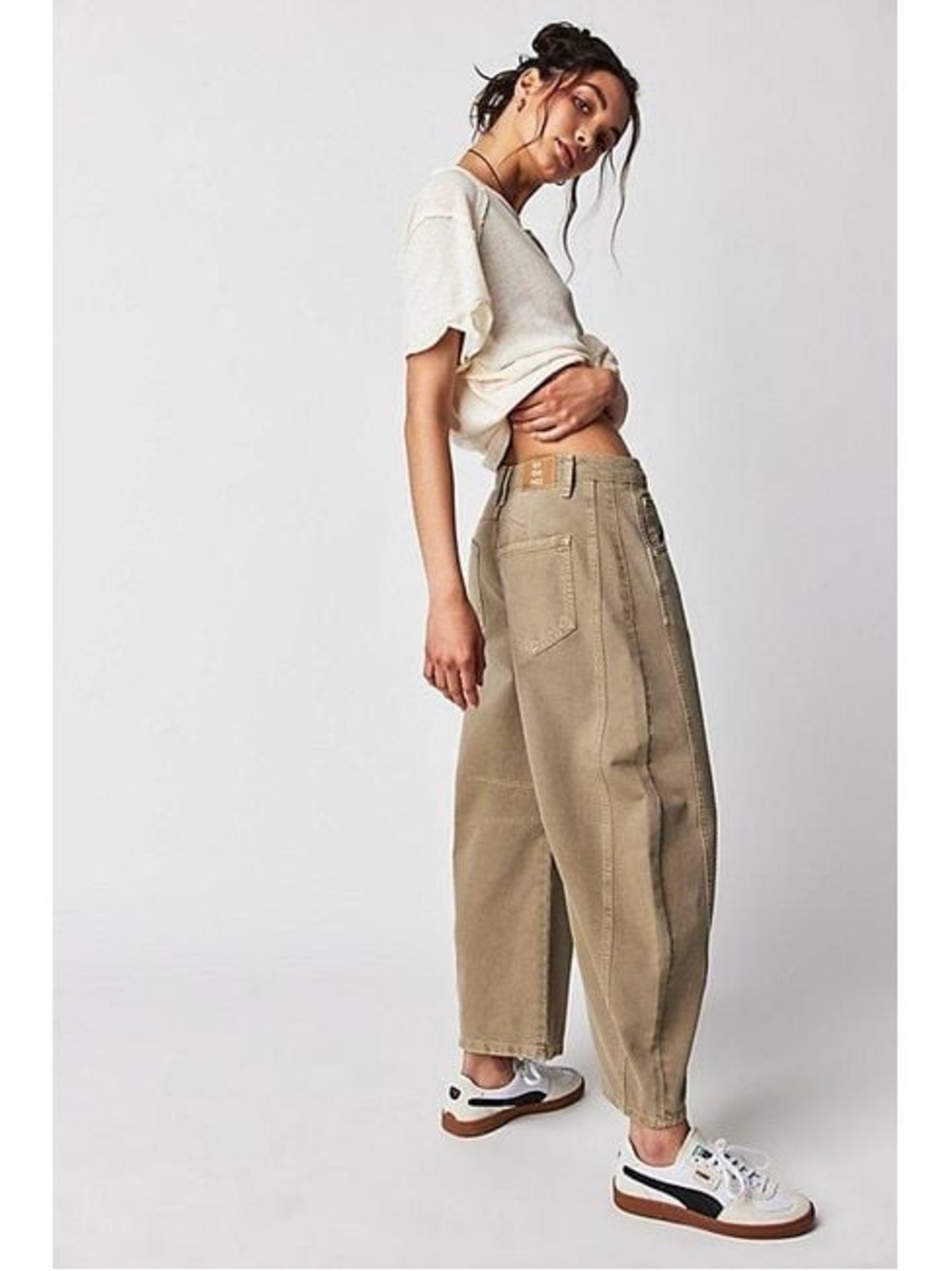 Free People We The Free Taupe Good Luck Mid Rise Barrel Jeans - Picture 2 of 14